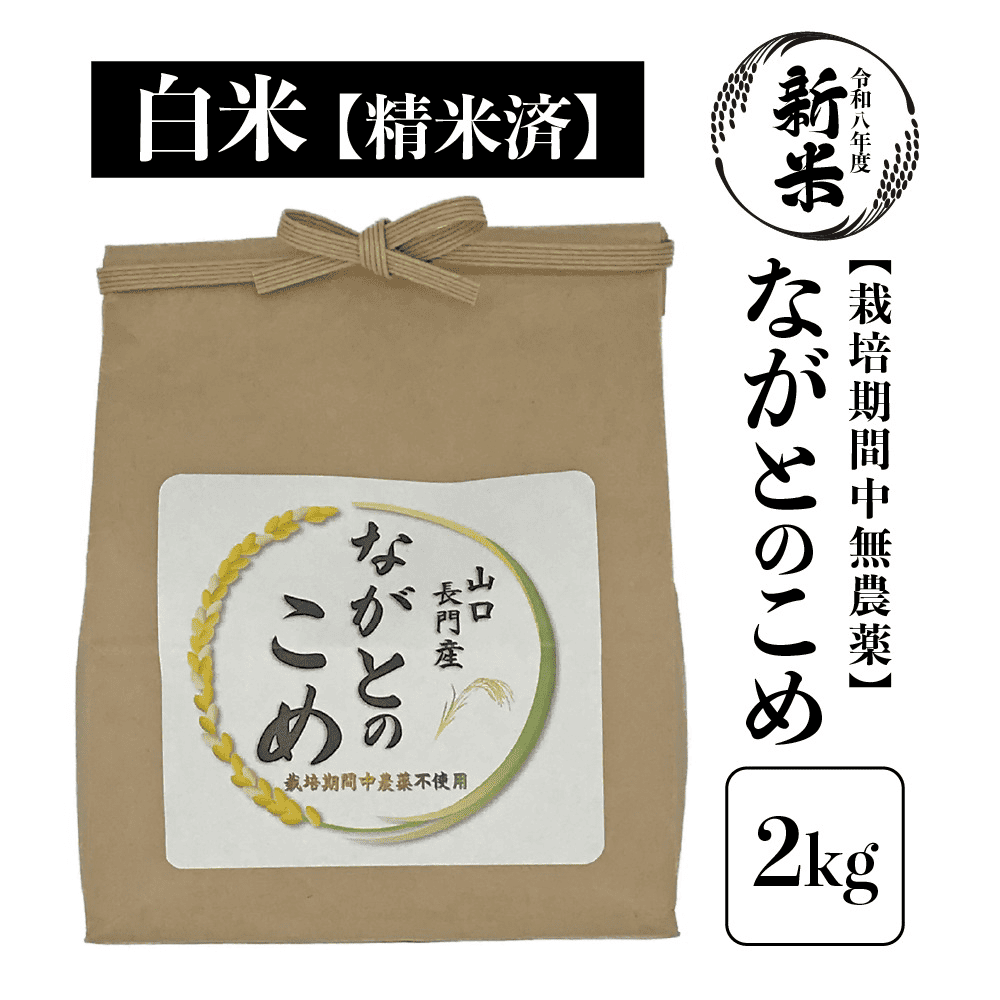 【随時発送】新米 令和8年産「ながとのこめ」栽培期間中農薬不使用《精米後 順次発送》2kg(1kg×2袋)【山口県長門市産】